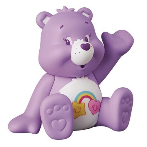 Purple Care Bear figure with rainbow and hearts belly badge
