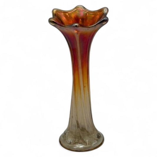 Antique Carnival Glass Bud Vase Iridescent Marigold 7.5" Tall Swirl Design