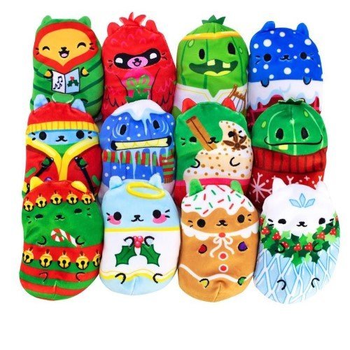 Assortment of Cats vs Pickles Holiday Plushies featuring various festive designs