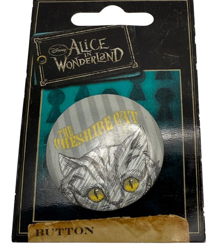 Cheshire Cat button pin with vintage style packaging from Disney's Alice in Wonderland