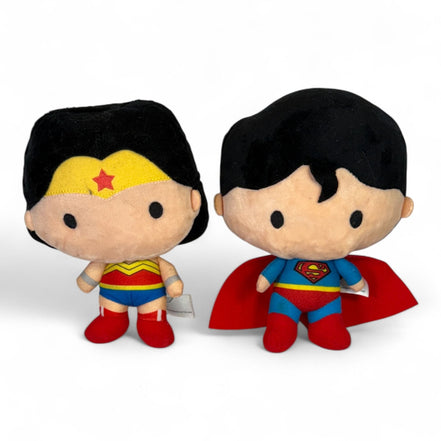 Chibi Wonder Woman and Superman plush dolls standing side by side