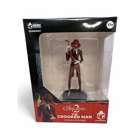 A 1:16 scale The Crooked Man figurine from The Conjuring 2 by Hero Collector, sealed in original packaging, features detailed horror design for ages 17+.
