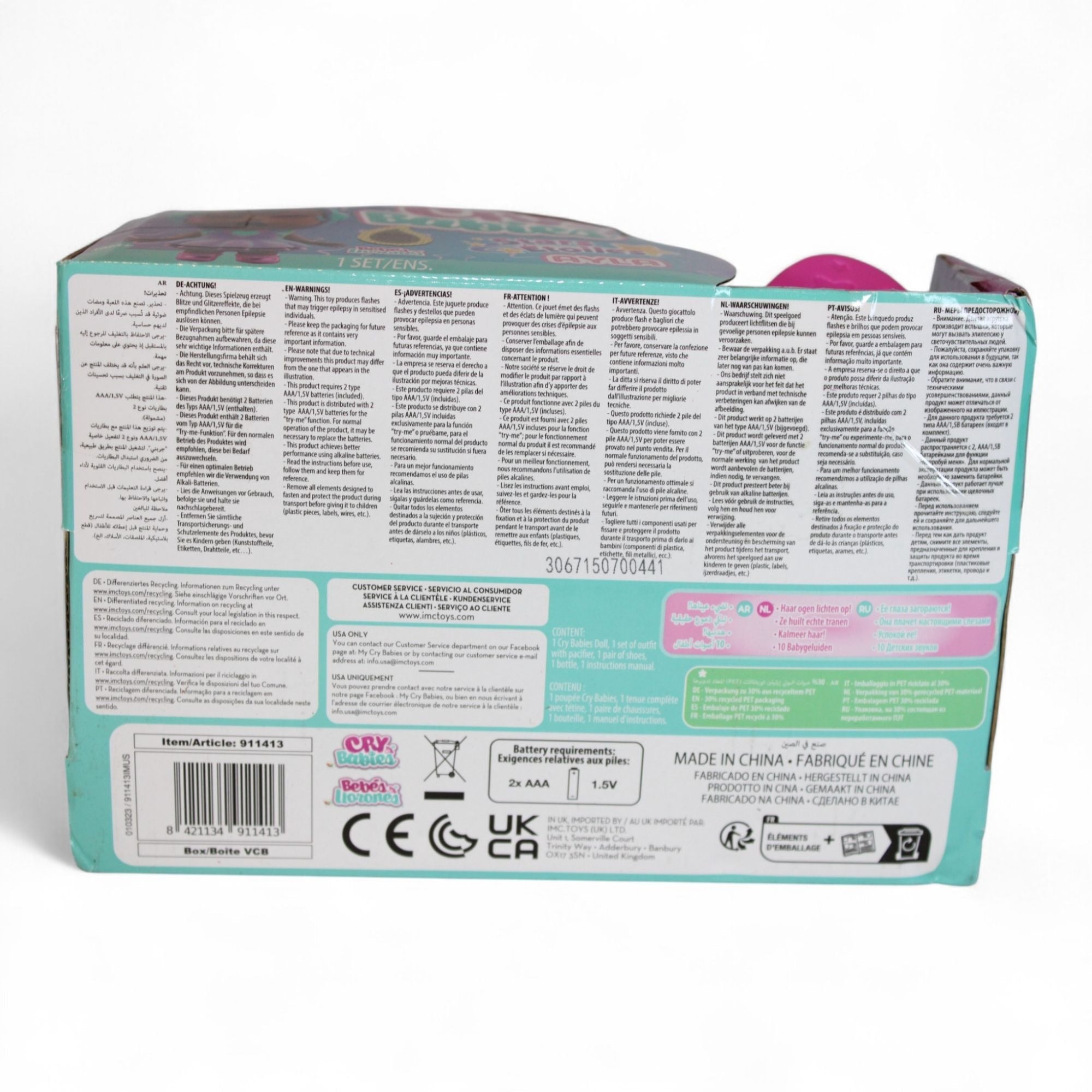 Bottom view of Cry Babies Ayla Doll packaging with product details