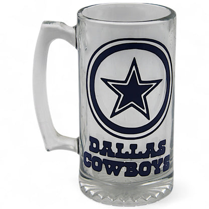 Dallas Cowboys beer mug with official NFL logo, clear glass stein featuring bold team graphics – perfect for fans and collectors
