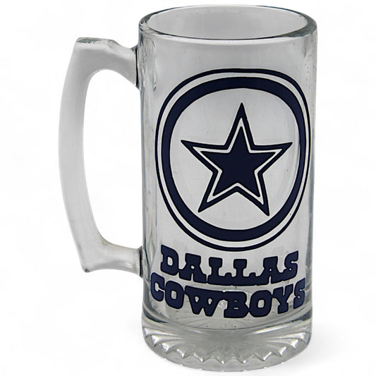 Dallas Cowboys beer mug with official NFL logo, clear glass stein featuring bold team graphics – perfect for fans and collectors
