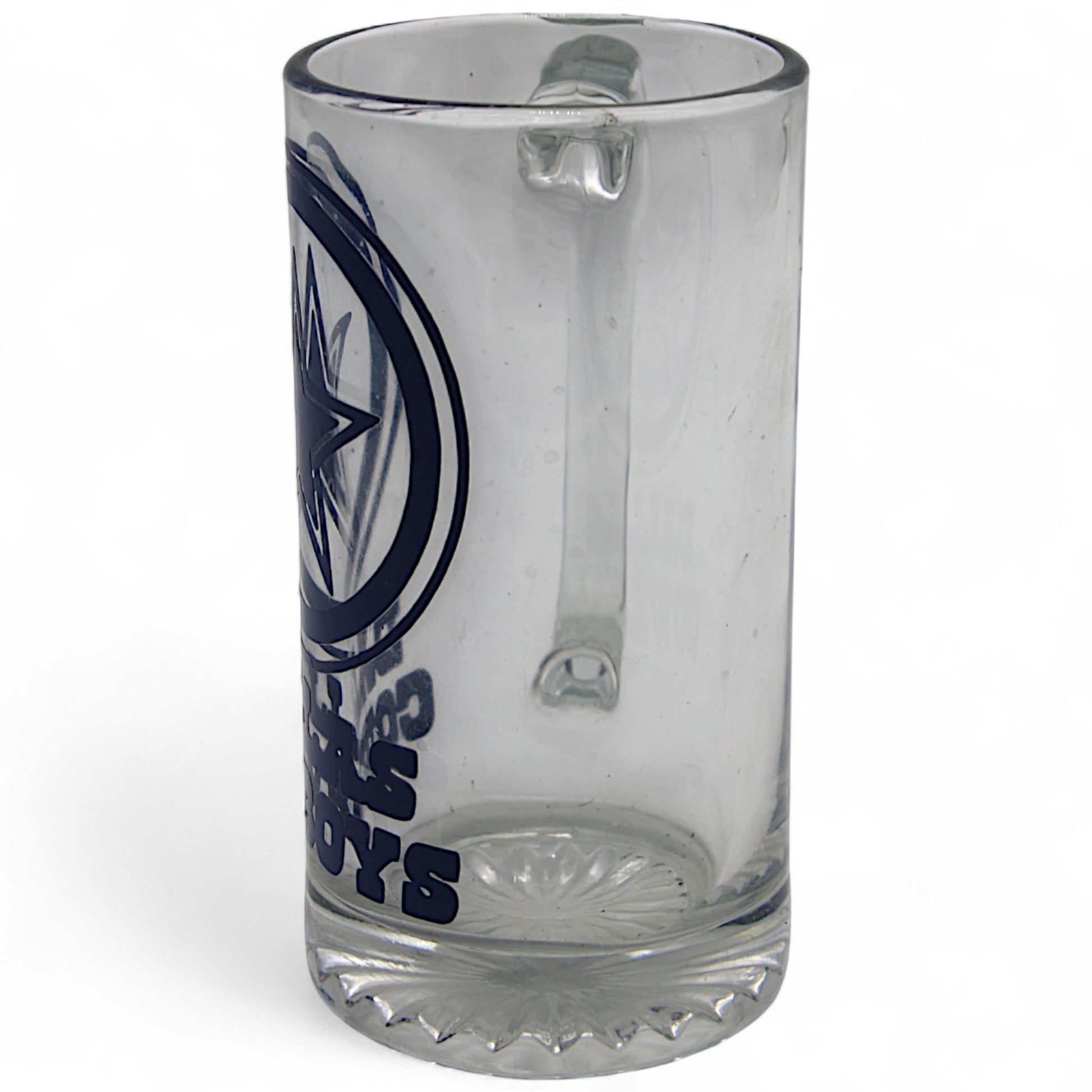 Dallas Cowboys beer mug with official NFL logo, clear glass stein featuring bold team graphics – perfect for fans and collectors
