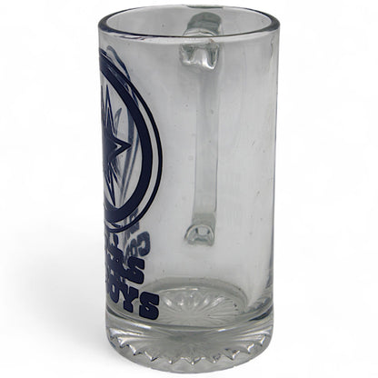 Dallas Cowboys beer mug with official NFL logo, clear glass stein featuring bold team graphics – perfect for fans and collectors
