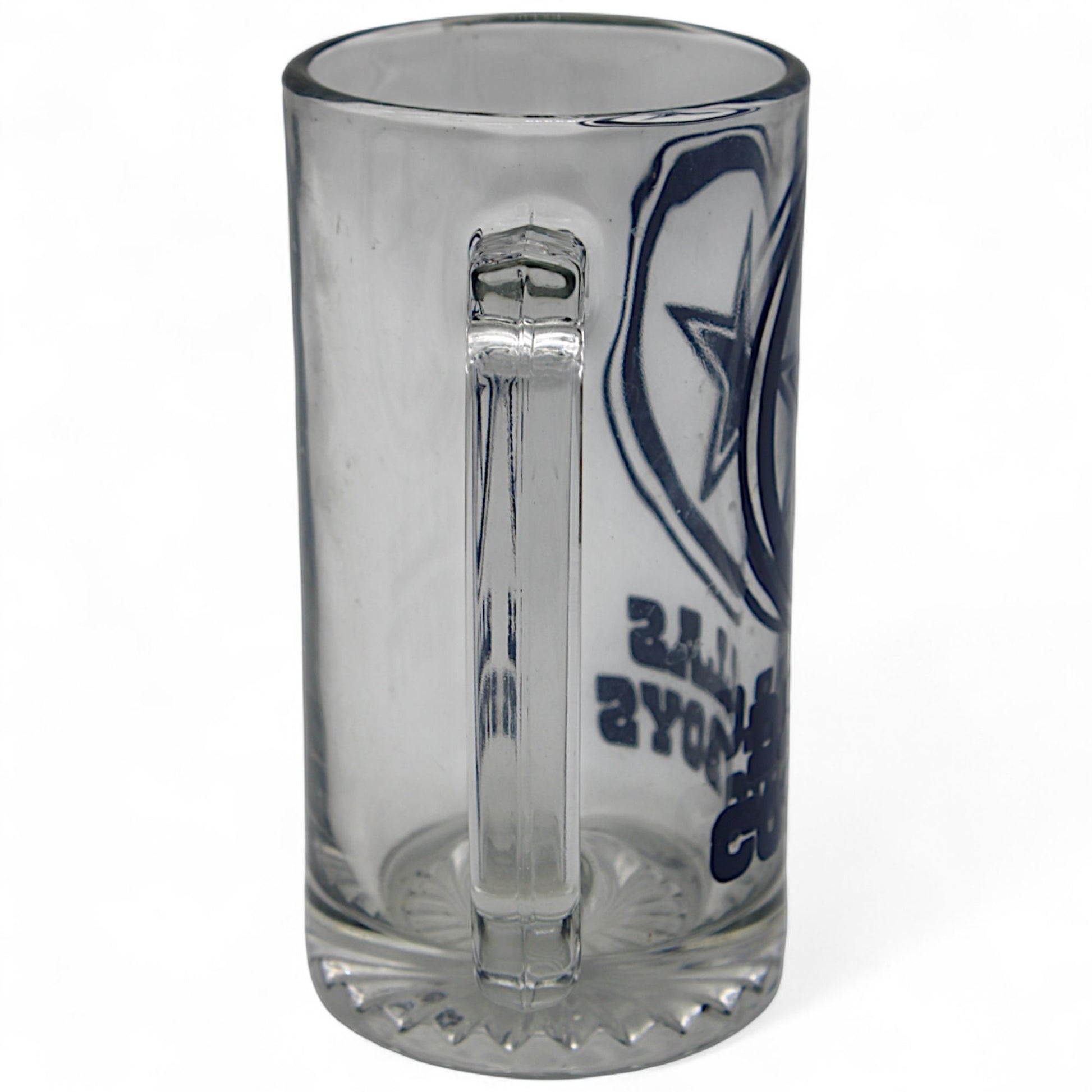 Dallas Cowboys beer mug with official NFL logo, clear glass stein featuring bold team graphics – perfect for fans and collectors
