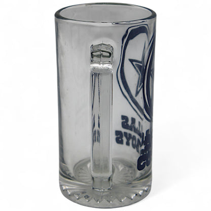 Dallas Cowboys beer mug with official NFL logo, clear glass stein featuring bold team graphics – perfect for fans and collectors
