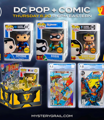 DC Pop + Comic - Mystery Grail Box – funko – superheroes – collectibles - Flip Side CollectiblesMystery BoxMystery Grail