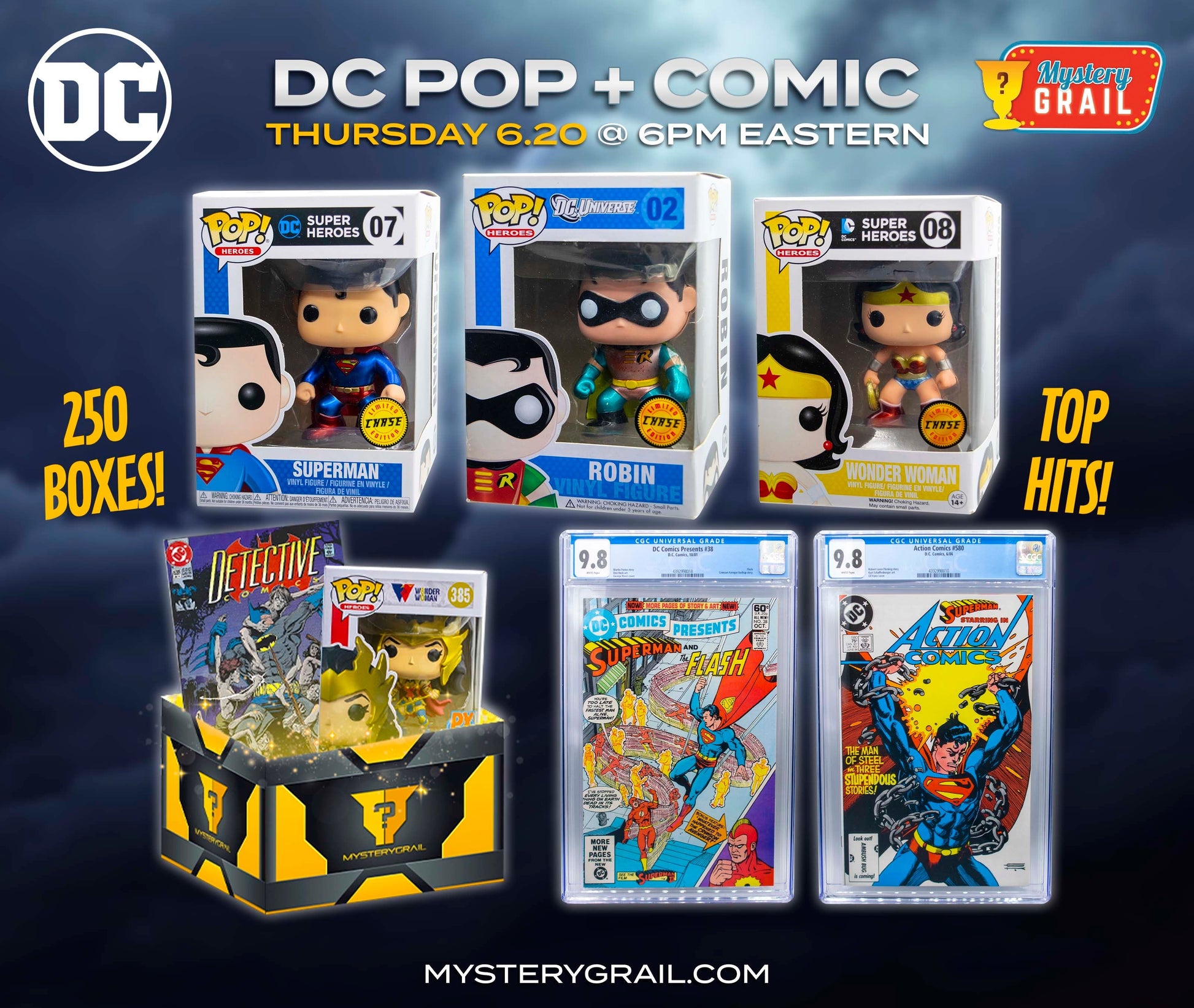 DC Pop + Comic Mystery Grail Box featuring Superman, Robin, Wonder Woman