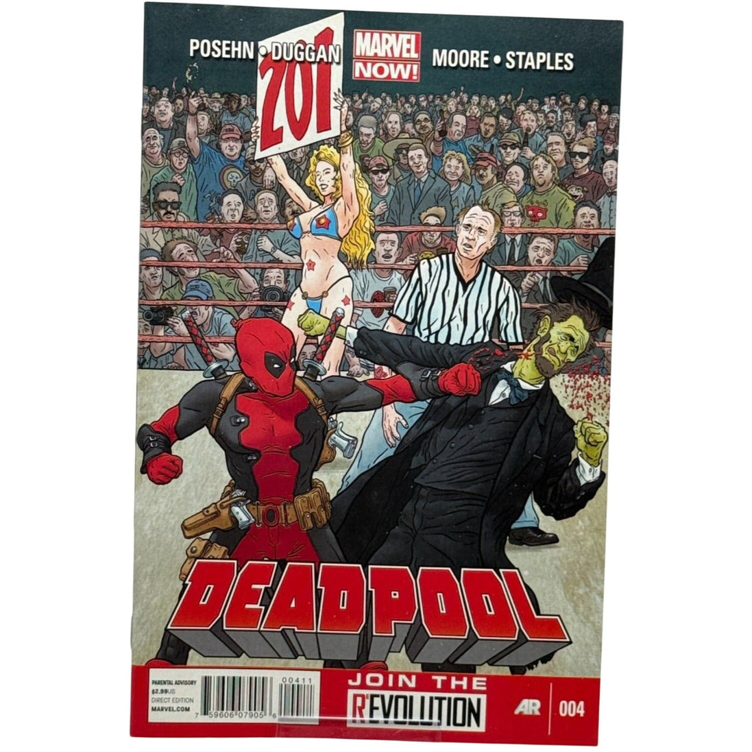 Deadpool comic book cover featuring Deadpool in a wrestling ring with a zombie and a referee, Marvel Now! branding