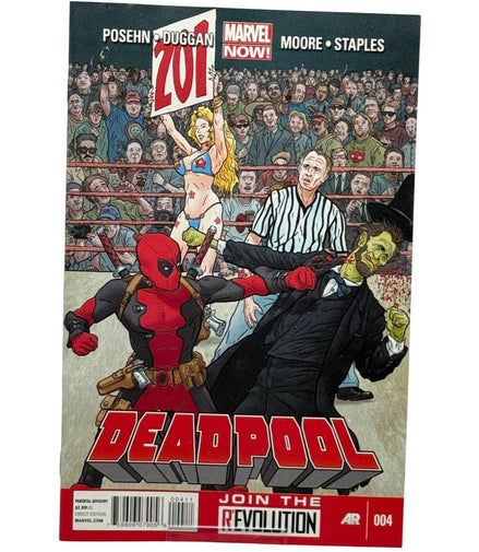 Deadpool comic book cover featuring Deadpool in a wrestling ring with a zombie and a referee, Marvel Now! branding