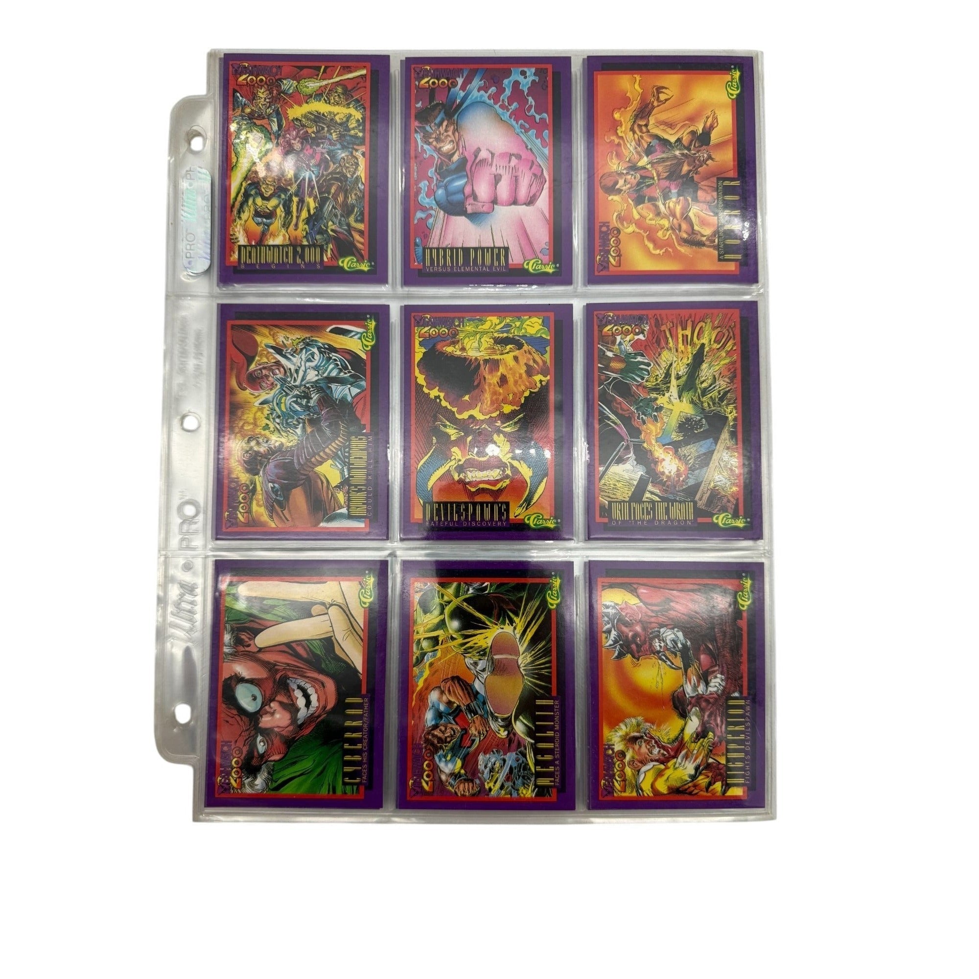 Close-up of Deathwatch 2000 comic cards featuring vibrant 90s artwork