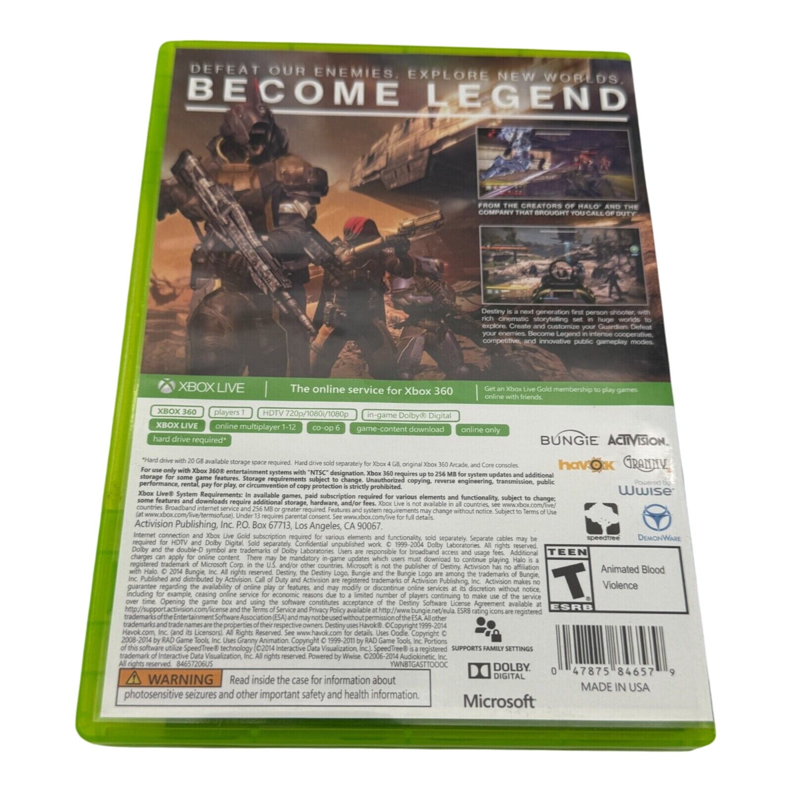 Back cover of Destiny Xbox 360 game case with game details
