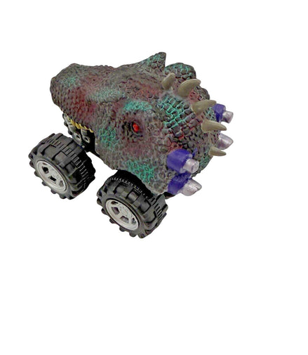 Dinosaur monster truck with spiky head and wheels