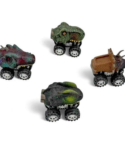 Set of 4 dinosaur monster trucks in various colors