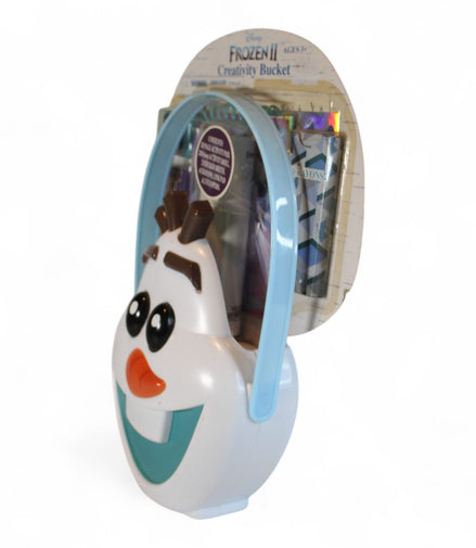 Side view of Olaf-shaped bucket with Frozen II activity items