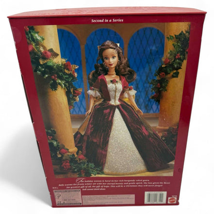 Back view of Disney Holiday Princess Belle Doll box, showing detailed gown