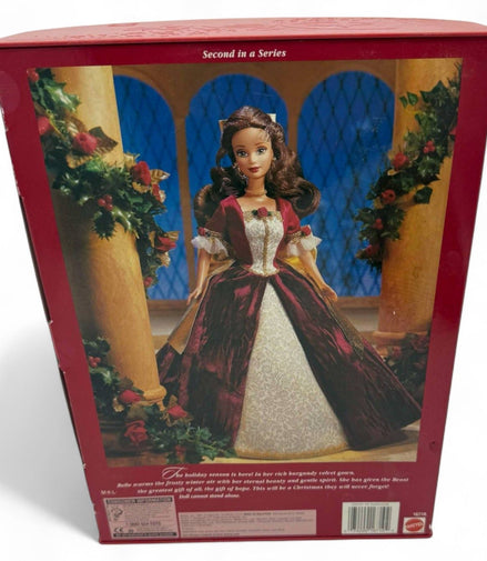 Back view of Disney Holiday Princess Belle Doll box, showing detailed gown