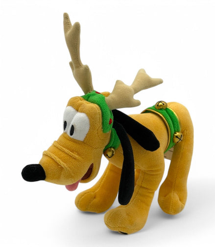 Disney Pluto plush with reindeer antlers and bells