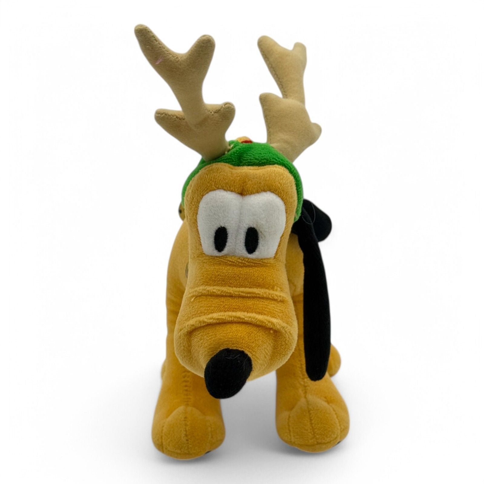 Disney Pluto plush with reindeer antlers and bells