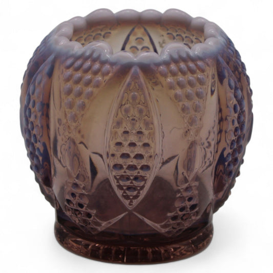 An antique EAPG opalescent purple rose bowl in a geometric hobnail pattern, showcasing opal glow and vintage pressed‑glass craftsmanship.
