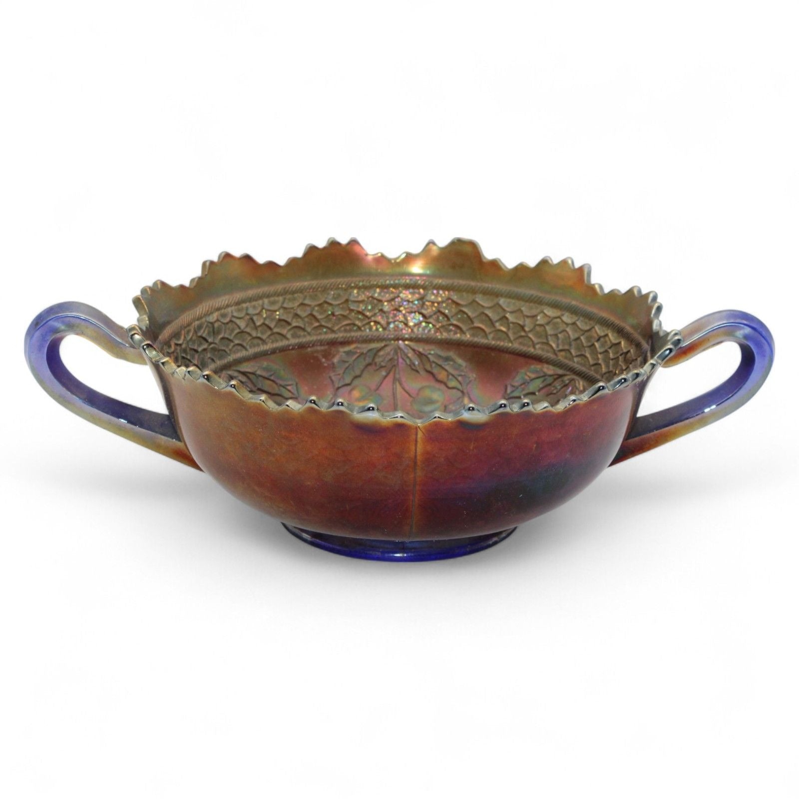 A vintage Fenton Carnival Glass cherry circles bonbon bowl with two handles, scalloped edge, and beautiful iridescent finish, excellent display piece.
