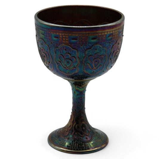 A vintage 7″ Fenton Carnival Glass pedestal goblet vase in multicolor iridescent finish, featuring a hobnail texture and flared rim, ideal for decorative display.
