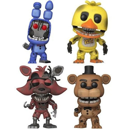 Funko Pop figures of Withered Bonnie, Chica, Foxy, and Freddy from Five Nights at Freddy's