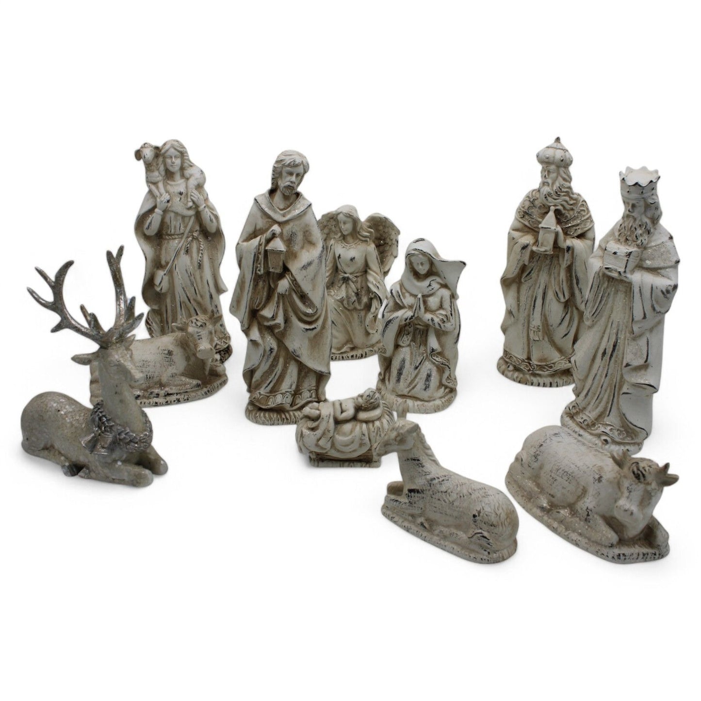 Resin Nativity Set 12-Piece Whitewashed Holy Family & Accessories Figurines