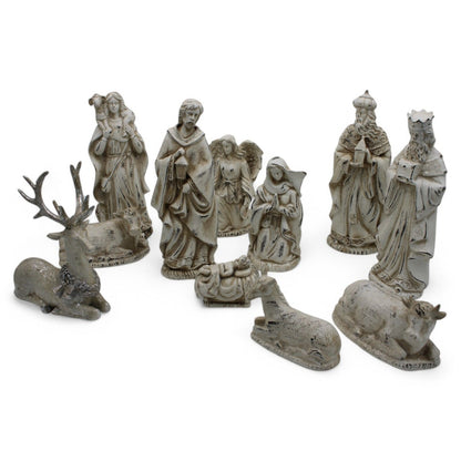 Resin Nativity Set 12-Piece Whitewashed Holy Family & Accessories Figurines