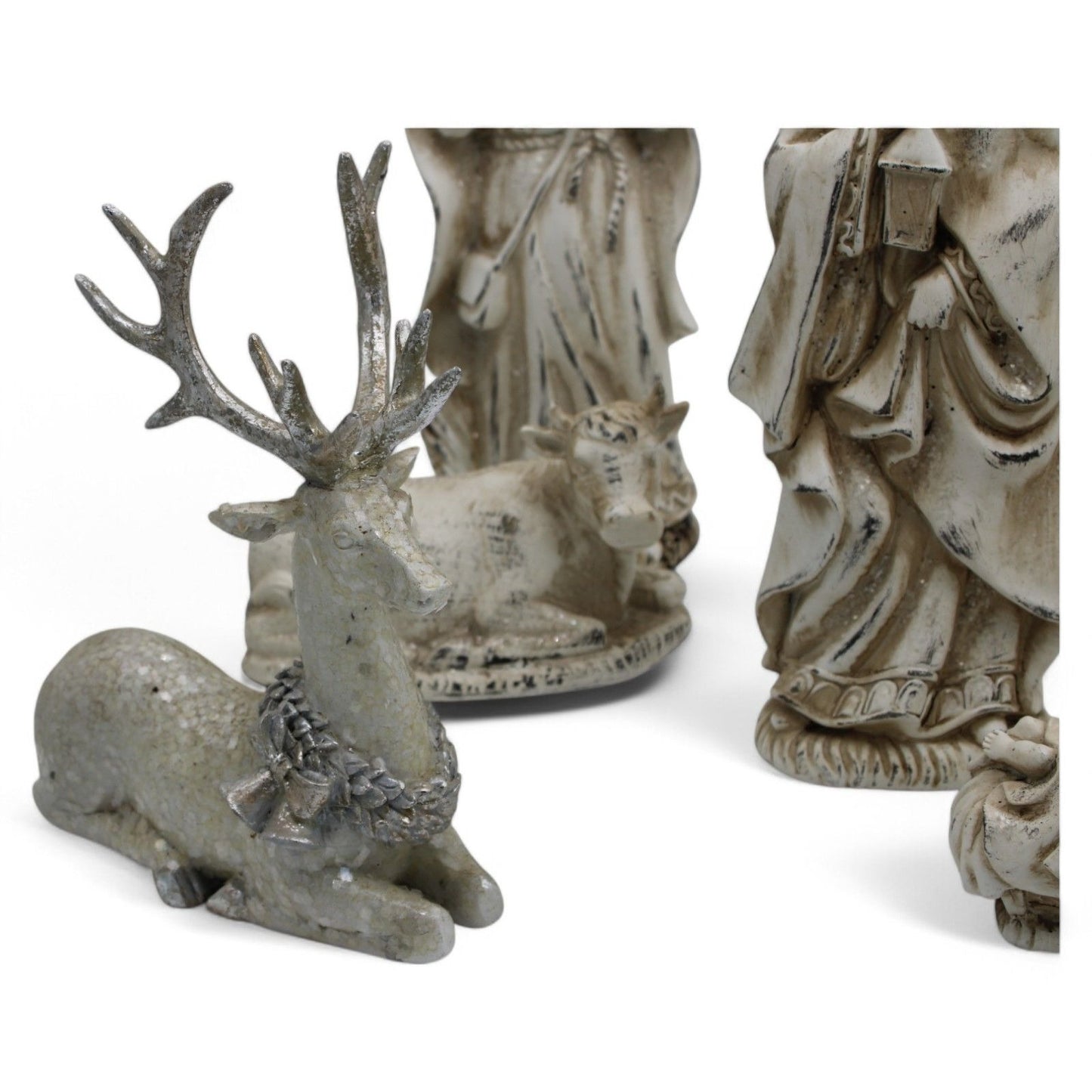 Resin Nativity Set 12-Piece Whitewashed Holy Family & Accessories Figurines