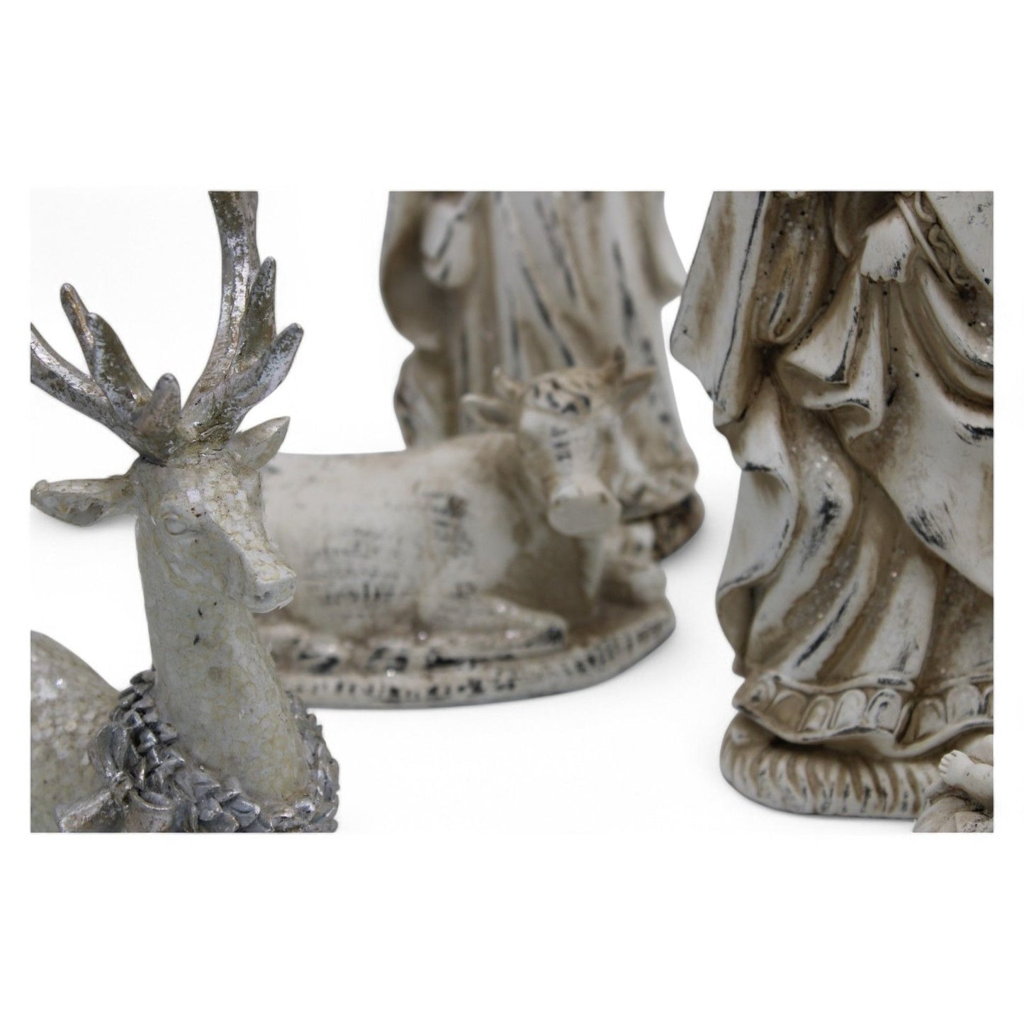 Resin Nativity Set 12-Piece Whitewashed Holy Family & Accessories Figurines