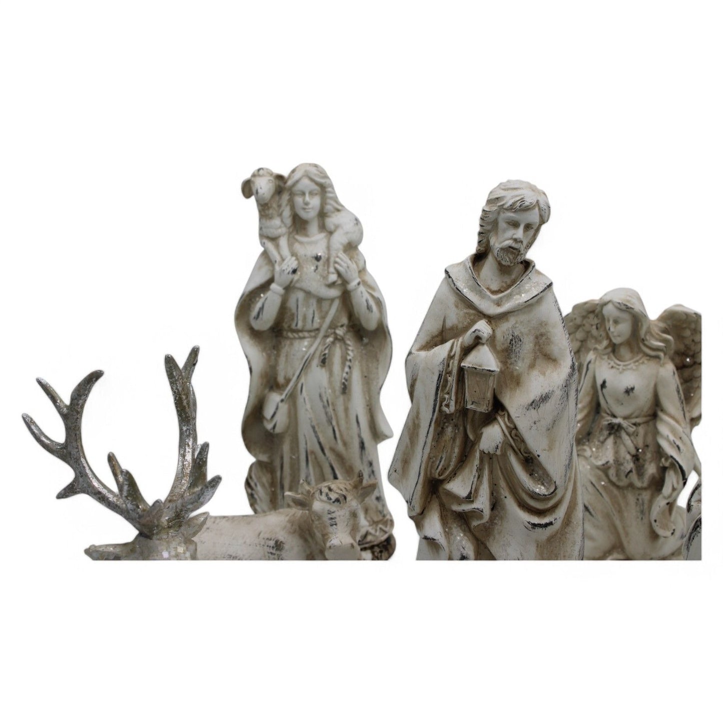 Resin Nativity Set 12-Piece Whitewashed Holy Family & Accessories Figurines