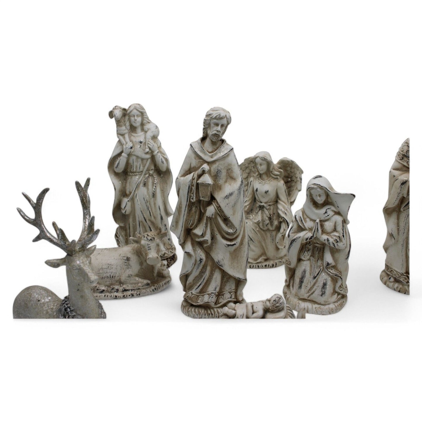 Resin Nativity Set 12-Piece Whitewashed Holy Family & Accessories Figurines