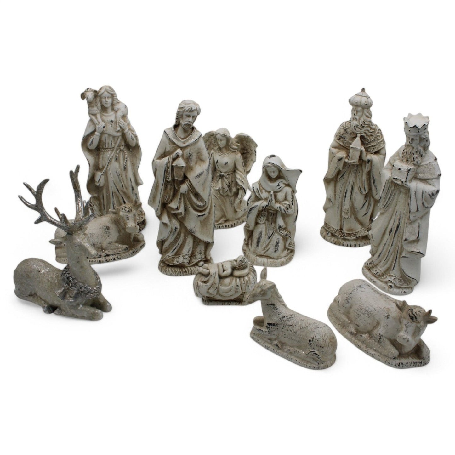 Resin Nativity Set 12-Piece Whitewashed Holy Family & Accessories Figurines