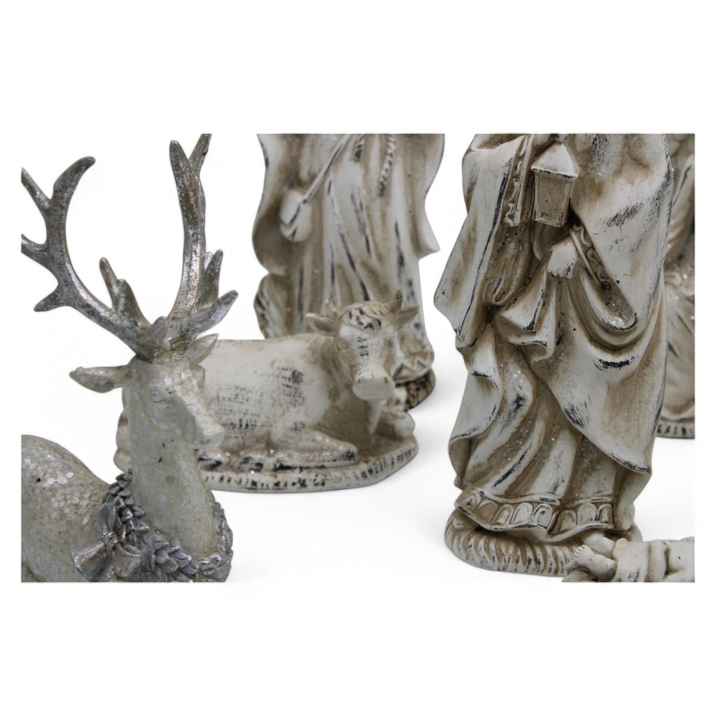 Resin Nativity Set 12-Piece Whitewashed Holy Family & Accessories Figurines