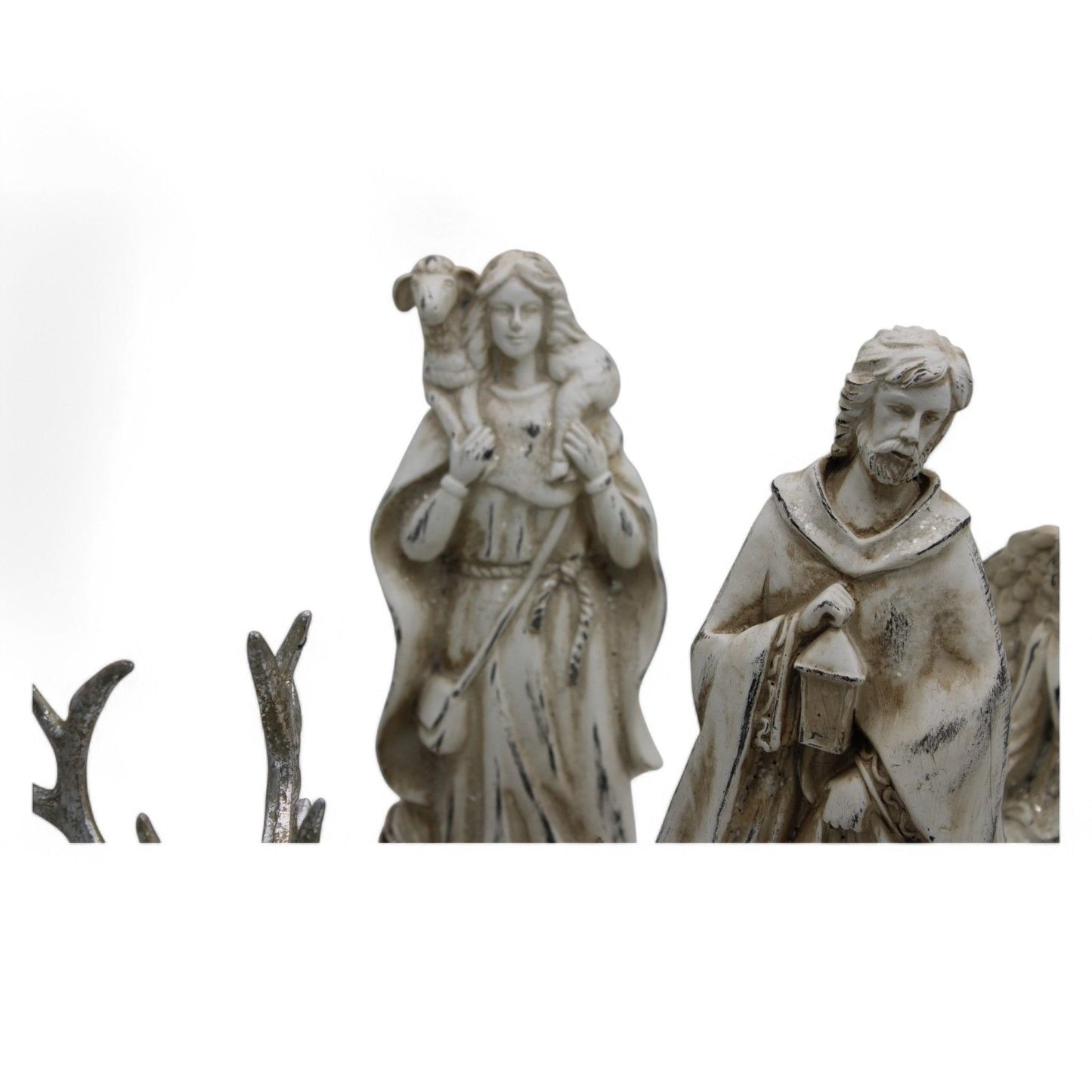 Resin Nativity Set 12-Piece Whitewashed Holy Family & Accessories Figurines