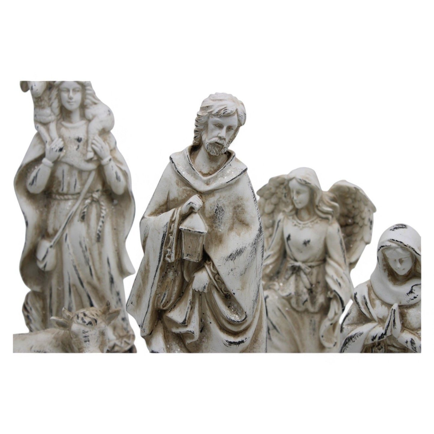 Resin Nativity Set 12-Piece Whitewashed Holy Family & Accessories Figurines