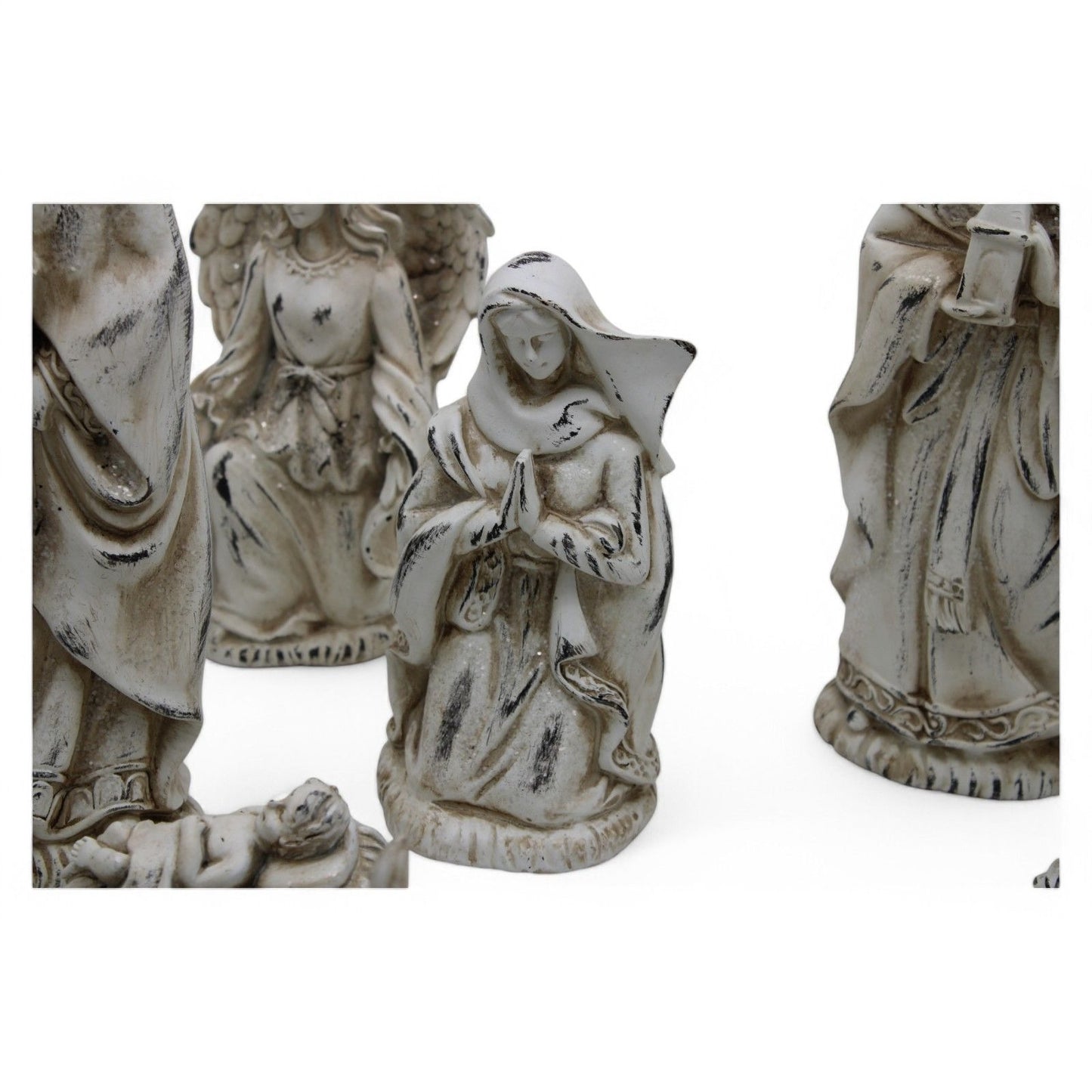 Resin Nativity Set 12-Piece Whitewashed Holy Family & Accessories Figurines