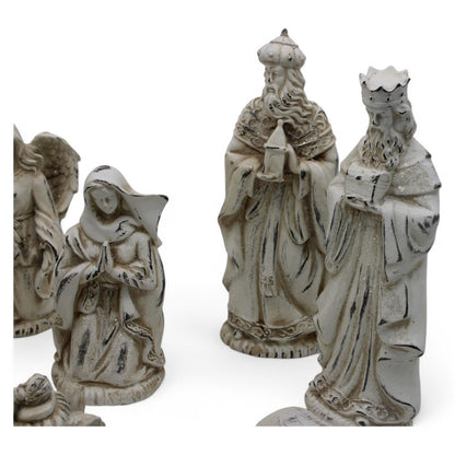Resin Nativity Set 12-Piece Whitewashed Holy Family & Accessories Figurines