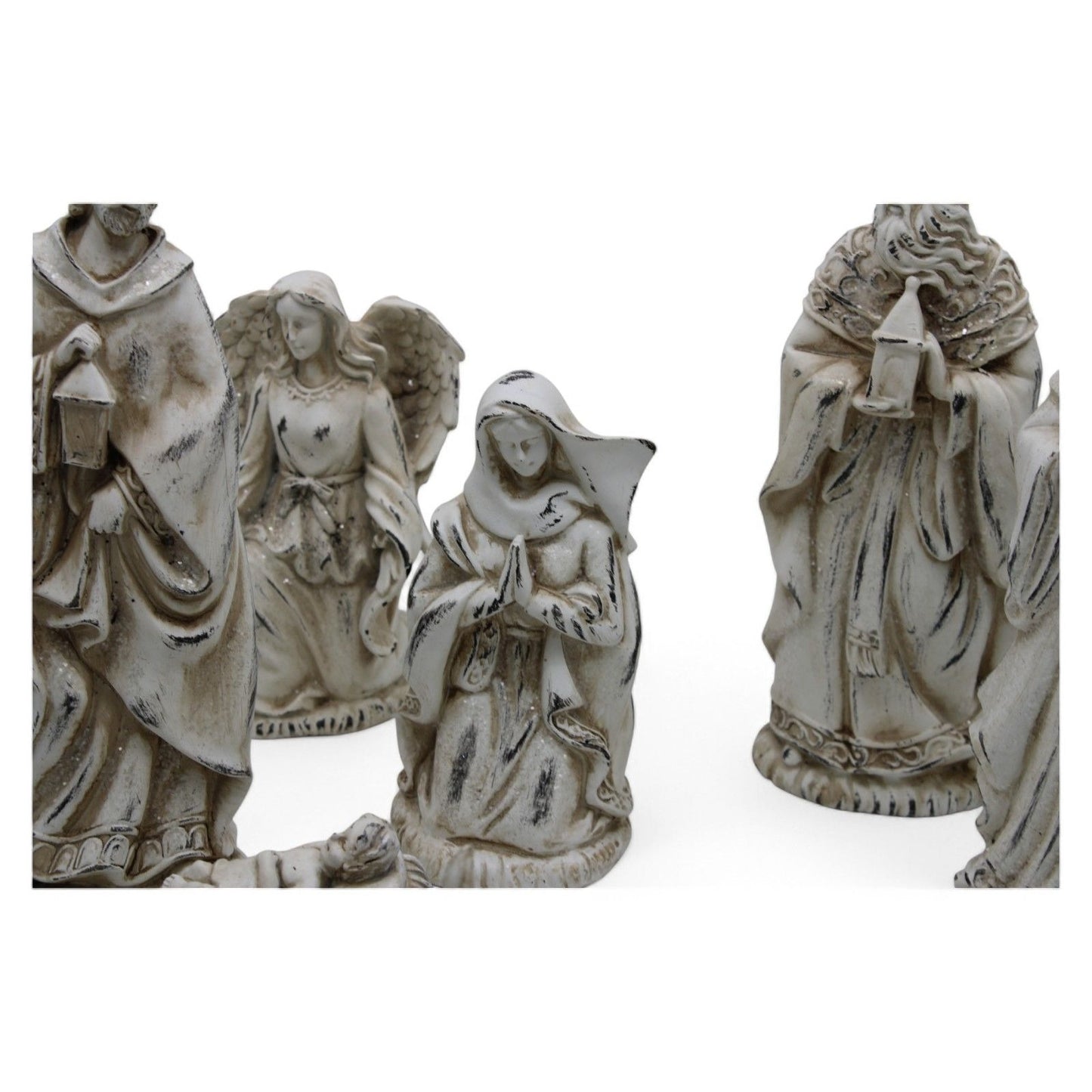 Resin Nativity Set 12-Piece Whitewashed Holy Family & Accessories Figurines