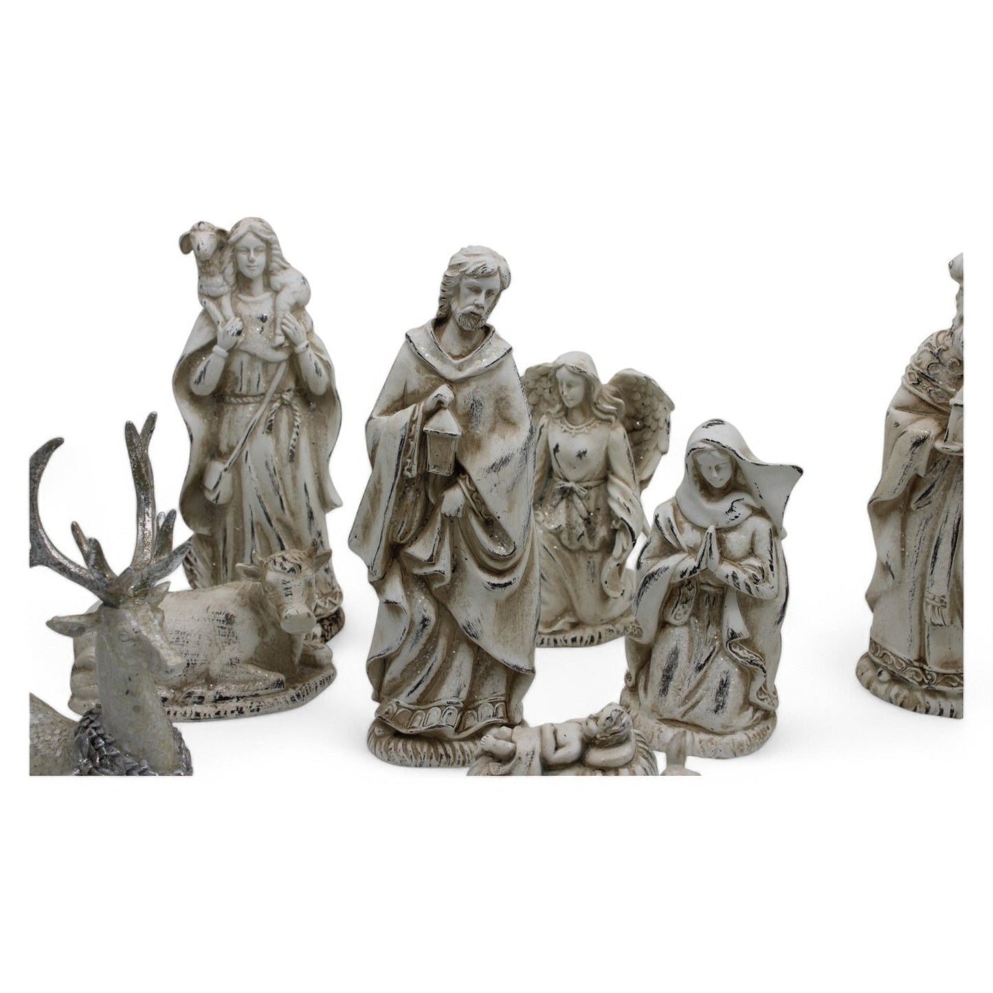 Resin Nativity Set 12-Piece Whitewashed Holy Family & Accessories Figurines
