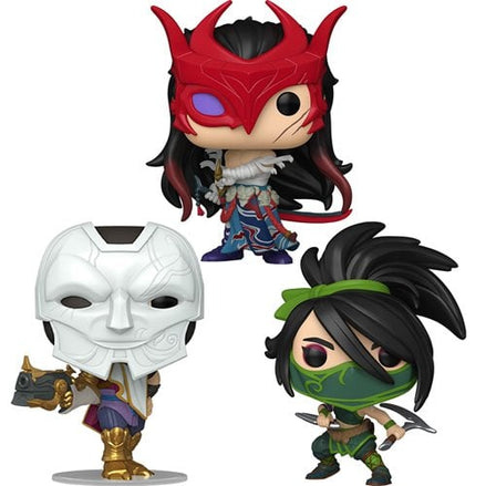 Funko Pop vinyl figures of Akali, Jhin, and Yone from Arcane League of Legends