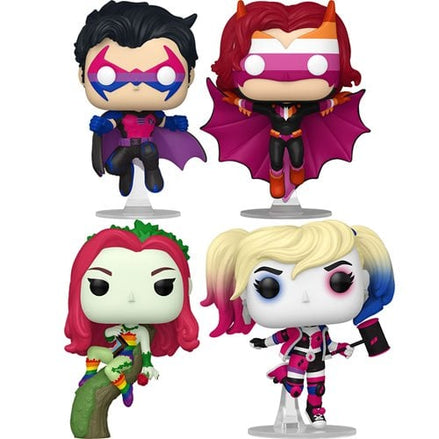 Funko Pop DC Comics Pride 2025 figures featuring Batwoman, Harley Quinn, Poison Ivy, and Tim Drake