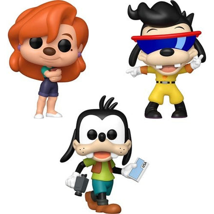Funko Pop figures of Goofy, Max, and Roxanne from A Goofy Movie 30th Anniversary