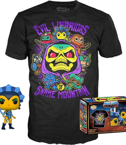 Funko Pop Evil-Lyn glow-in-the-dark figure with Snake Mountain t-shirt