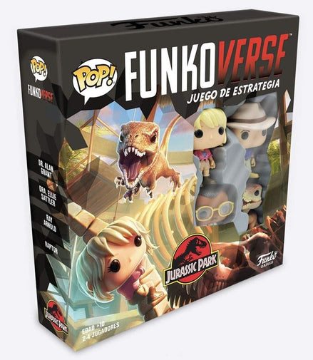 Funko Pop! Funkoverse Jurassic Park strategy game box featuring Dr. Grant, Ellie, Arnold, and Raptor figures.