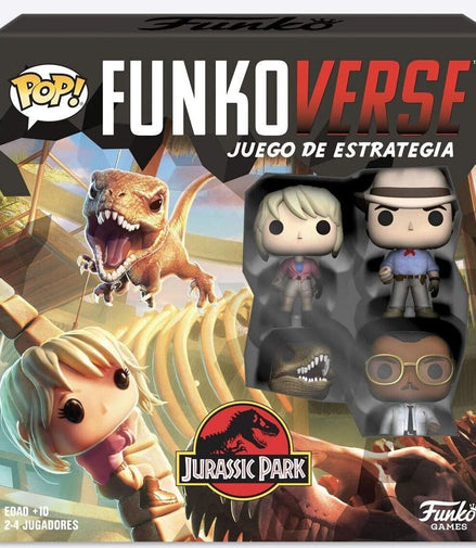 Close-up of Funko Pop! figures from the Jurassic Park strategy game: Dr. Grant, Ellie, Arnold, and Raptor.